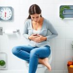 Woman with stomach discomfort during weight loss, sitting in bathroom, surrounded by weight loss icons like scale and healthy foods