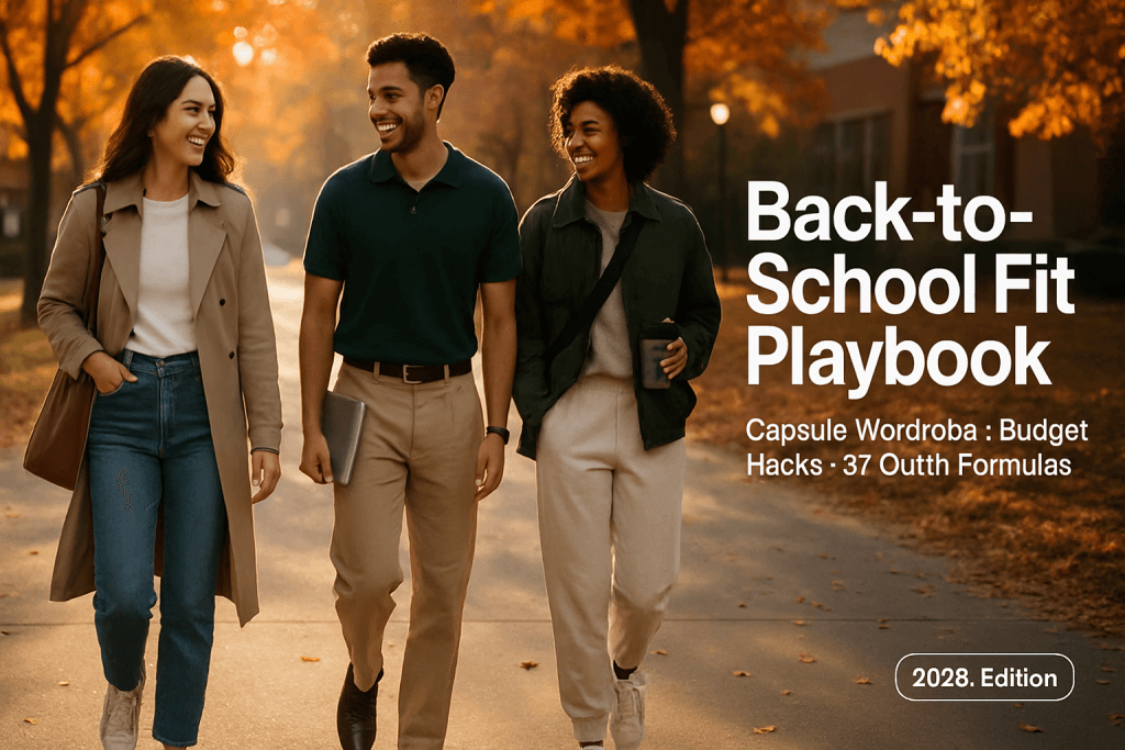 Back to school fit 2025: three stylish college students on a fall campus at golden hour, showcasing capsule wardrobe outfits and budget-friendly style.