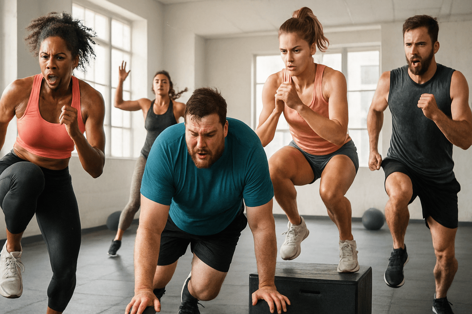 A group of people performing a high-intensity HIIT workout together in a gym.