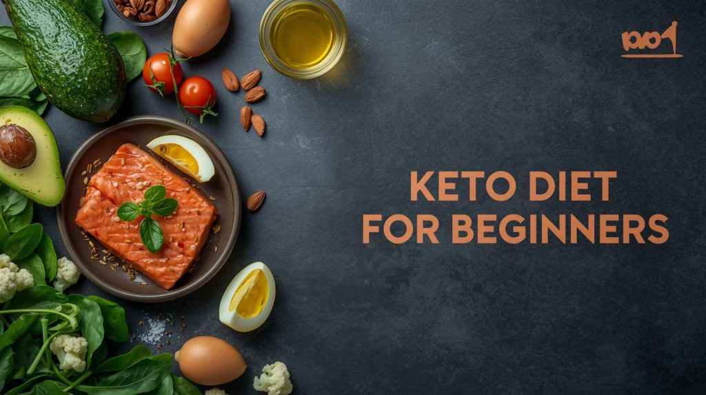 op‑down flat‑lay of fresh keto foods on a dark slate background with headline “Keto Diet for Beginners,” subhead “72‑Hour Jumpstart + Free 7‑Day Plan,” and a green badge “Macro Guide Inside.”