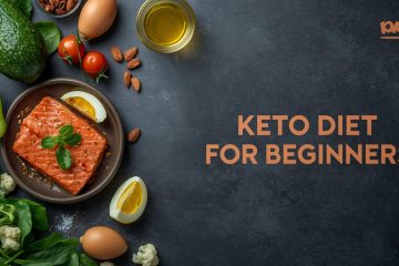 op‑down flat‑lay of fresh keto foods on a dark slate background with headline “Keto Diet for Beginners,” subhead “72‑Hour Jumpstart + Free 7‑Day Plan,” and a green badge “Macro Guide Inside.”