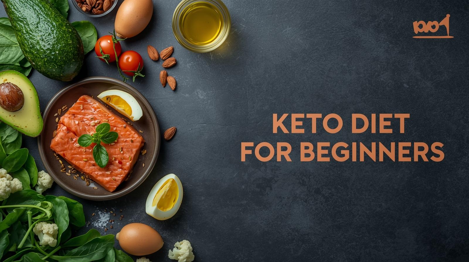 op‑down flat‑lay of fresh keto foods on a dark slate background with headline “Keto Diet for Beginners,” subhead “72‑Hour Jumpstart + Free 7‑Day Plan,” and a green badge “Macro Guide Inside.”