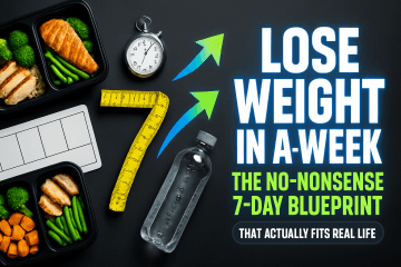 Flat lay illustrating “loss weight in a week” 7‑day blueprint: meal‑prep boxes, tape measure shaped like a 7, stopwatch and water bottle.