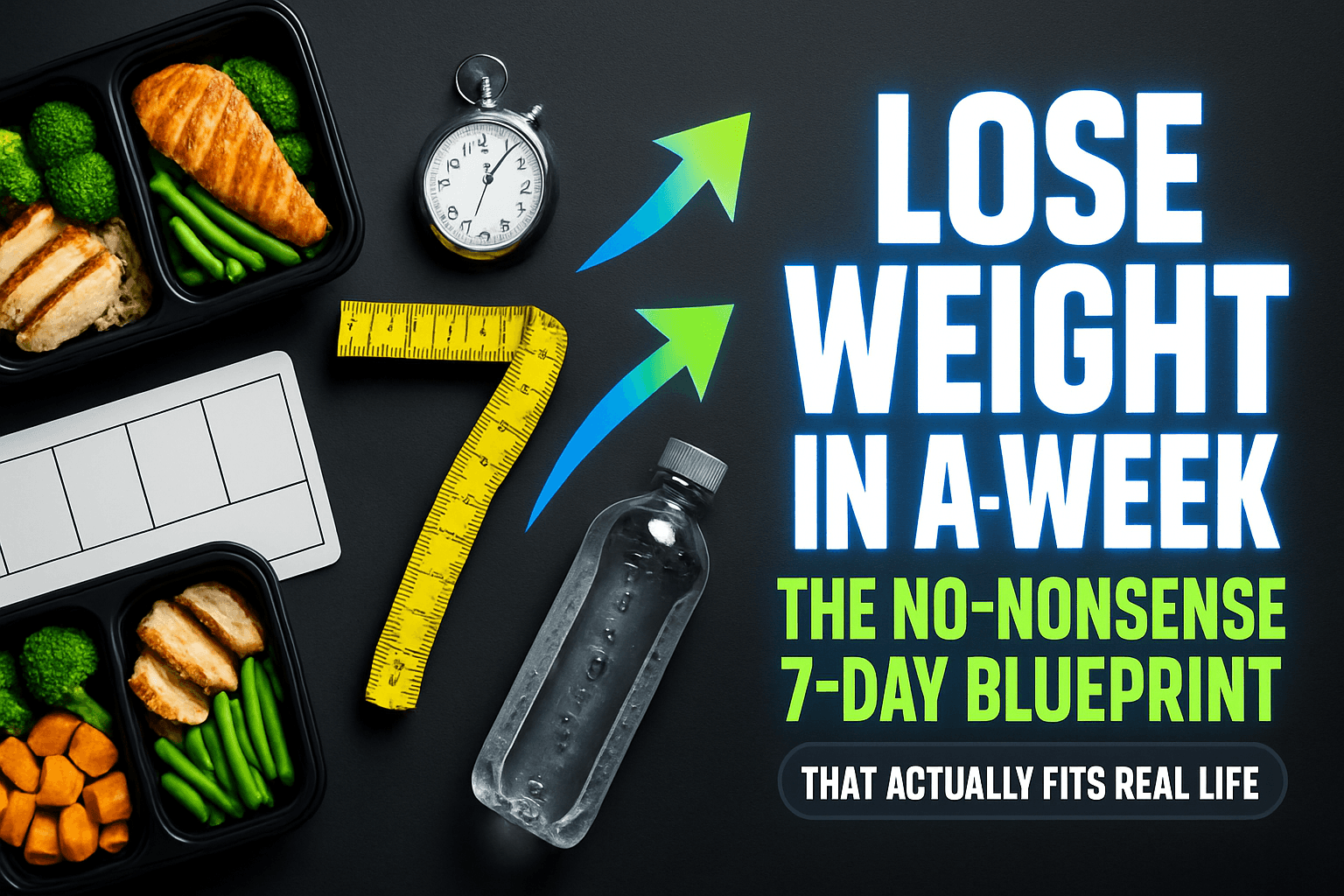 Flat lay illustrating “loss weight in a week” 7‑day blueprint: meal‑prep boxes, tape measure shaped like a 7, stopwatch and water bottle.