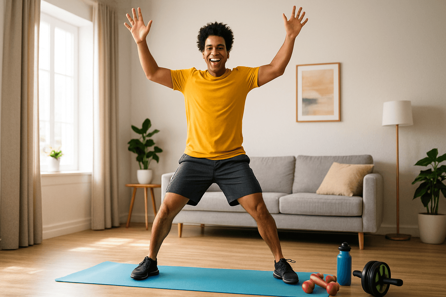 Woman doing quick home workouts to lose weight with a happy expression in a bright living room.